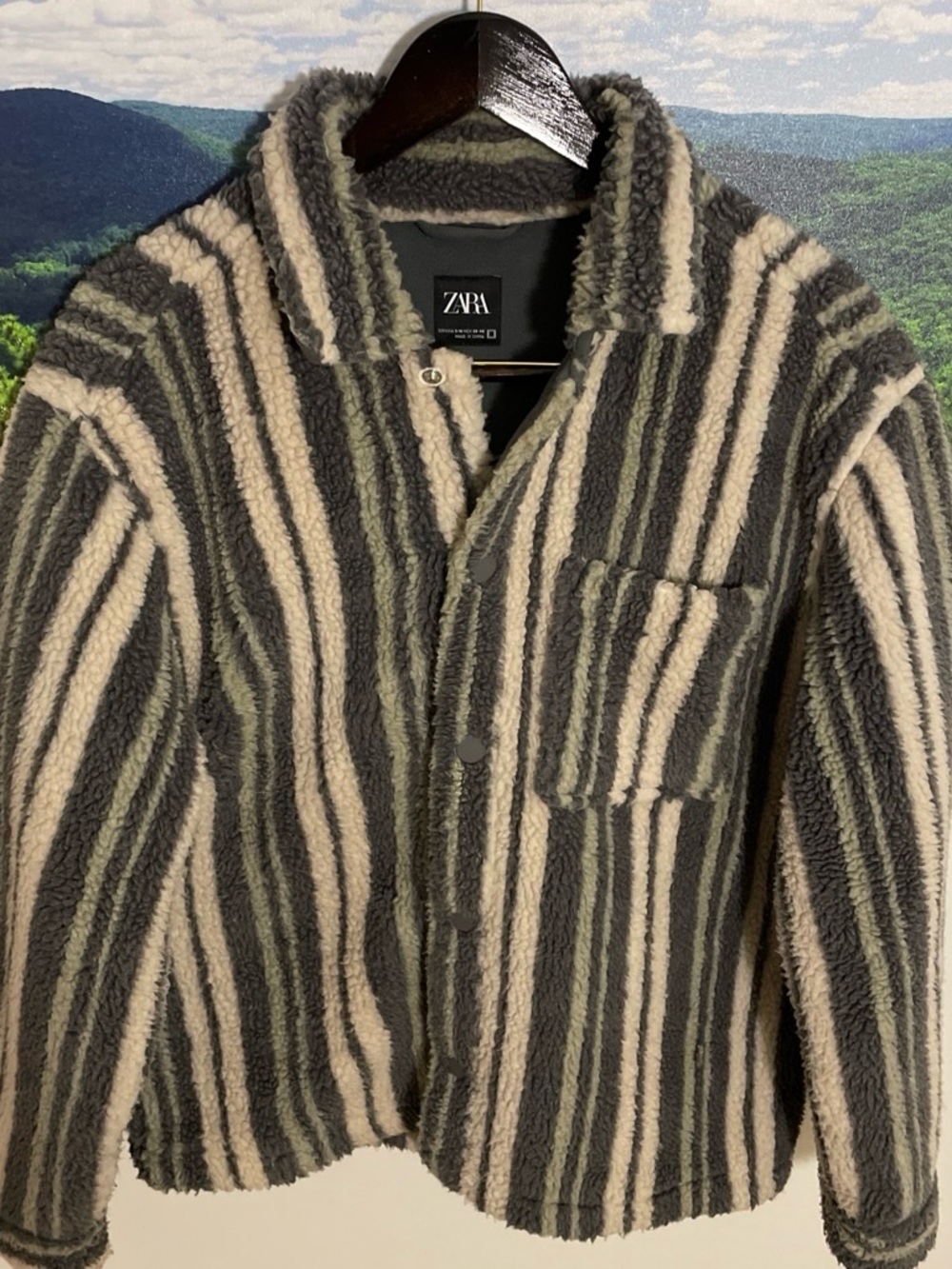 Zara Striped Sherpa Shirt Jacket in Cream & Gray